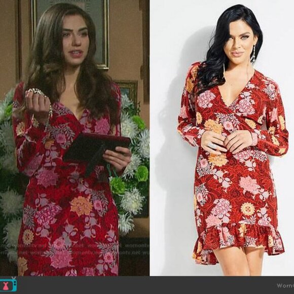 Guess Womens 6 Red Mauve Gold Floral Long Sleeve Lined Wrap Silhouette Dress - Picture 2 of 7